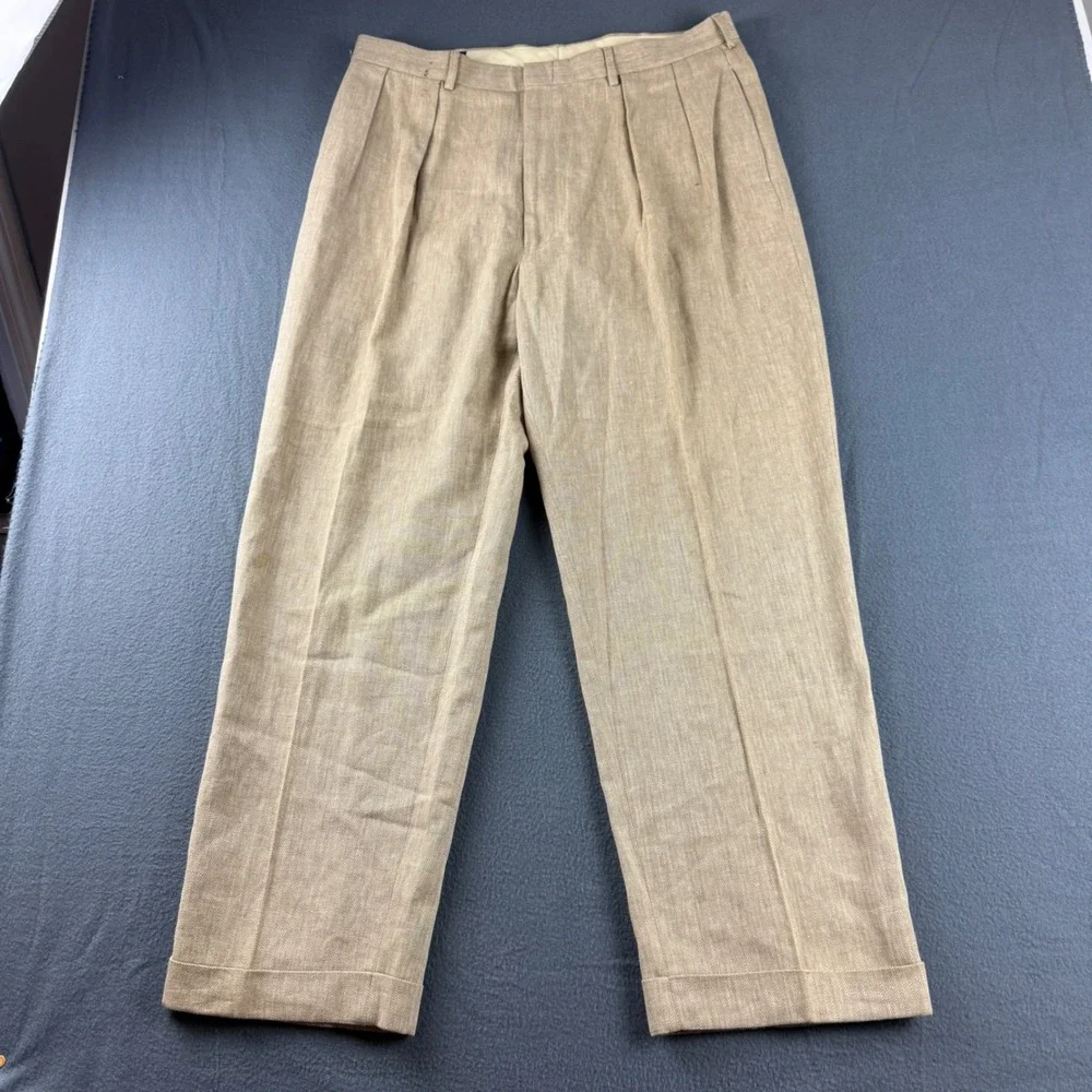 Vintage Polo Ralph Lauren Pants Men 38x30 (Fit 36x30) Beige Linen Double Pleated